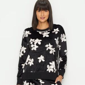 DONNA KARAN SLEEPWEAR Lux Dream Velvet Lounge Black and White Long Sleeve Top M